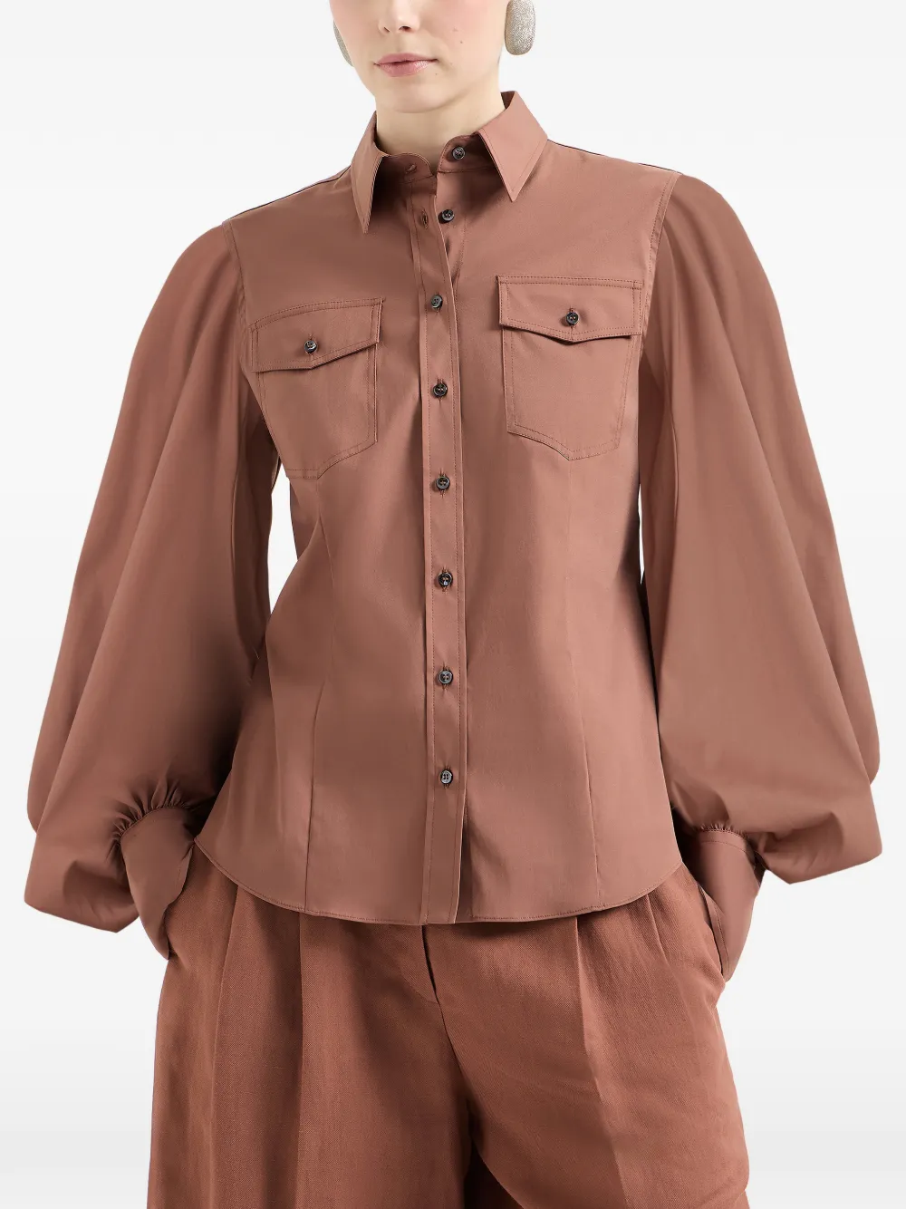 Brunello Cucinelli Blouse met zak en ballonmouwen Bruin