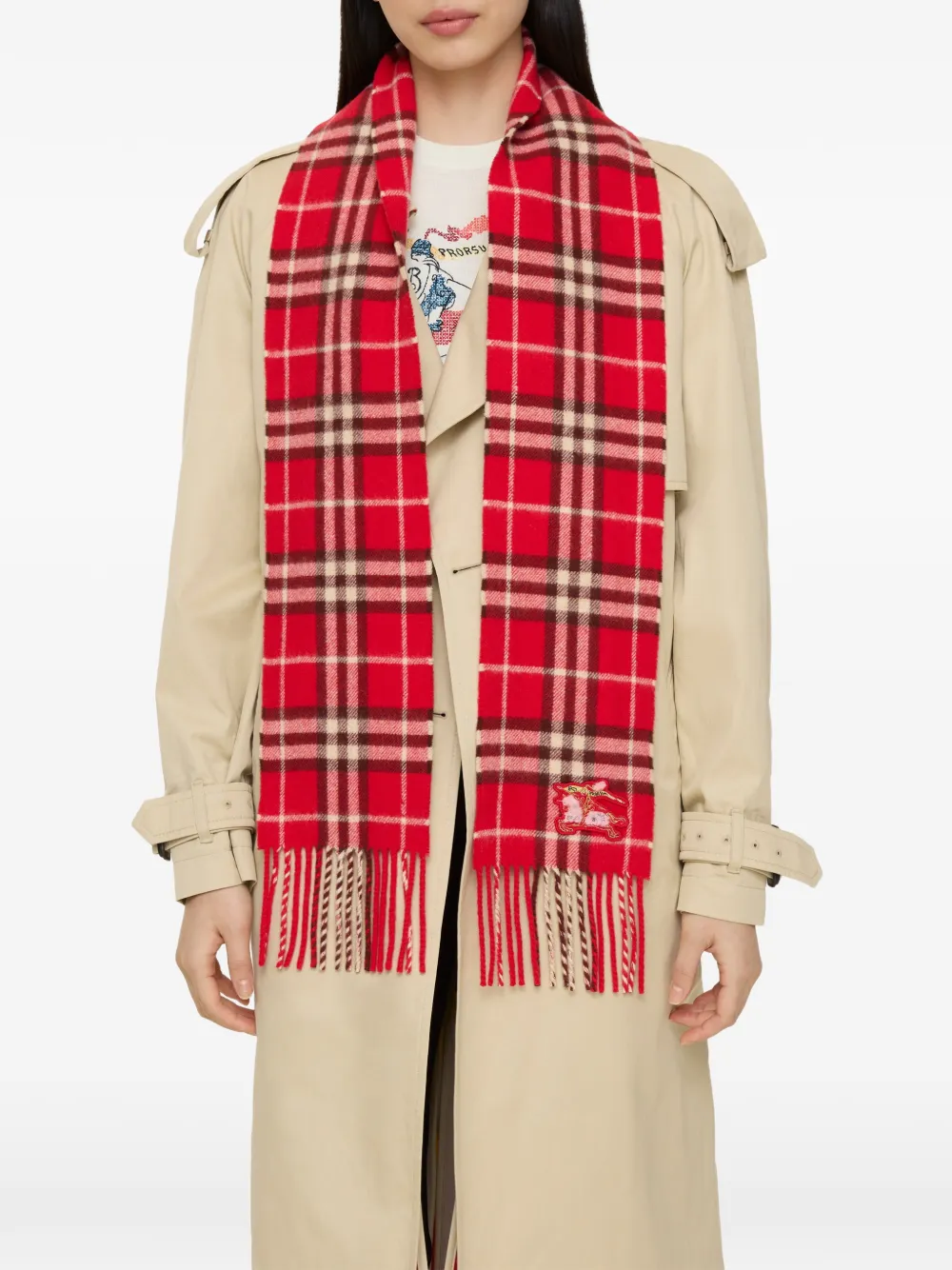 Burberry Geruite sjaal met franje Rood