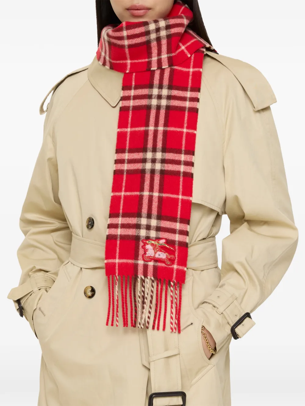  Burberry Check Fringing Scarf - Red 