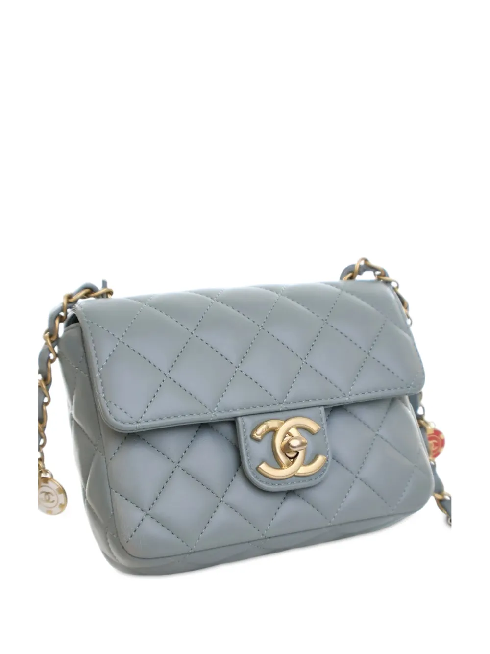 CHANEL Pre-owned 2021-2025 Mini Square Lambskin Casino Royale Charms Single Flap Crossbody Bag In Blue