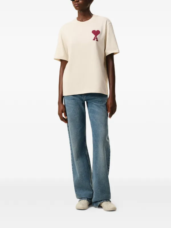 AMI Paris Ami De Coeur logo-embroidered T-shirt | Neutrals | FARFETCH