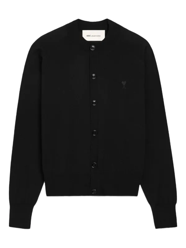 Ami Paris Wool Crewneck Ami De Coeur Cardigan in Black