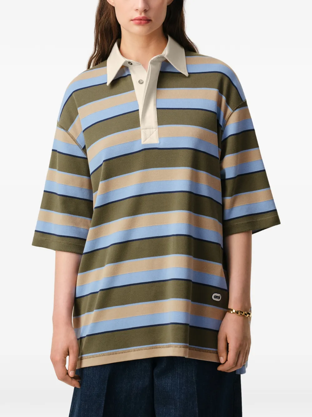 AMI Paris Gestreept poloshirt met Ami-patch Groen