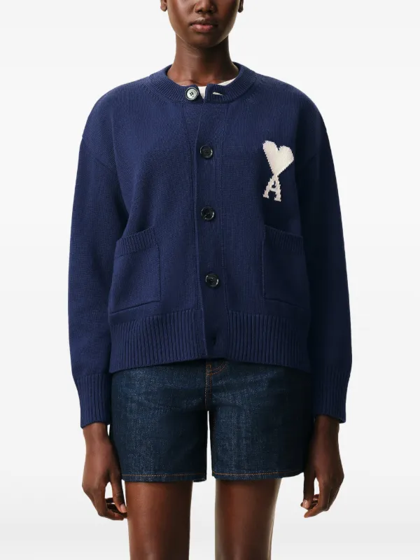 AMI Paris Ami De Coeur Intarsia Crewneck Cardigan | Blue | FARFETCH