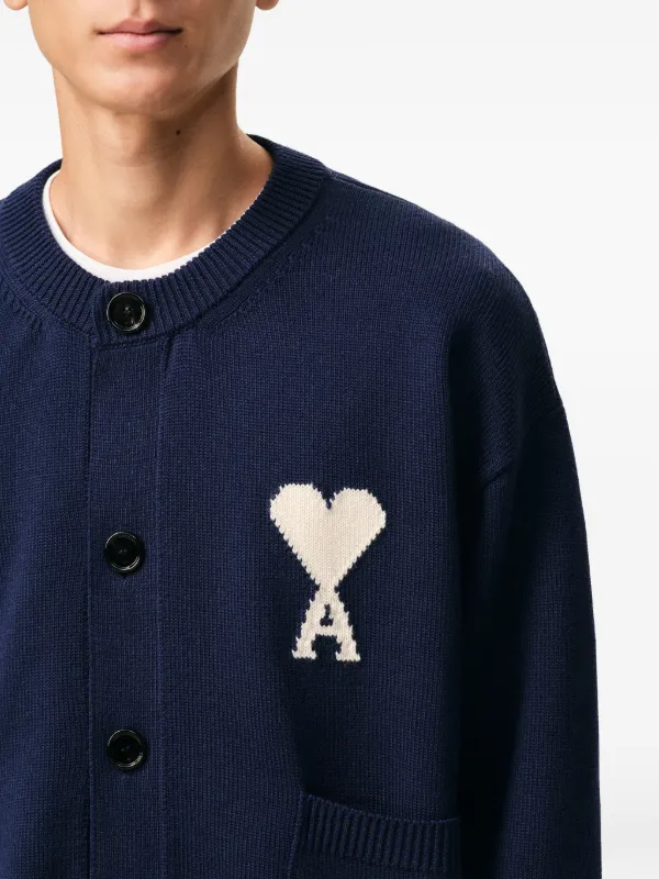 AMI Paris Ami De Coeur Intarsia Crewneck Cardigan | Blue | FARFETCH