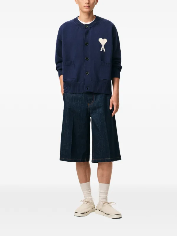 AMI Paris Ami De Coeur Intarsia Crewneck Cardigan | Blue | FARFETCH