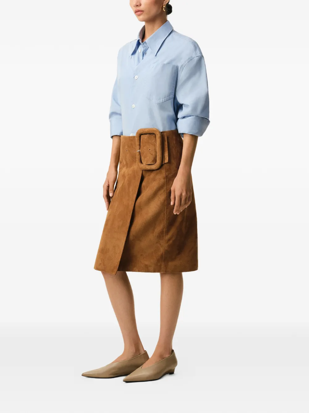 AMI Paris Goat Leather Big Buckle Belted Midi Skirt | Brown