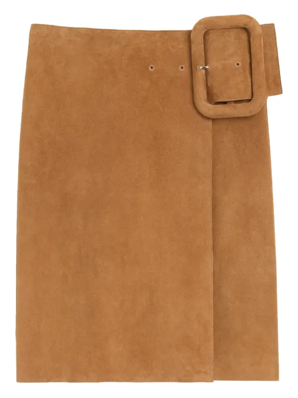 Ami Paris Goat Leather Big Buckle Belted Midi Skirt in Brown