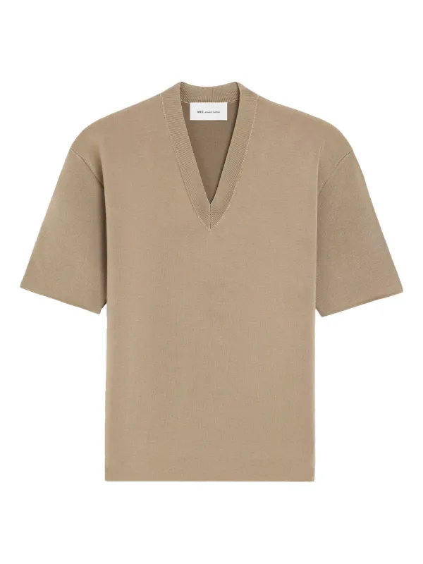 Ami Paris Wool Short Sleeves V Neck Sweater in Brown