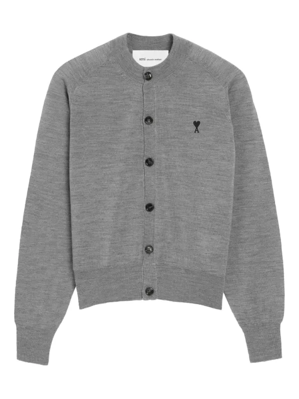 Ami Paris Wool Crewneck Ami De Coeur Cardigan in Grey