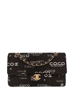 CHANEL Pre-Owned 2002 Coco-Print Double Flap Shoulder Bag | Black