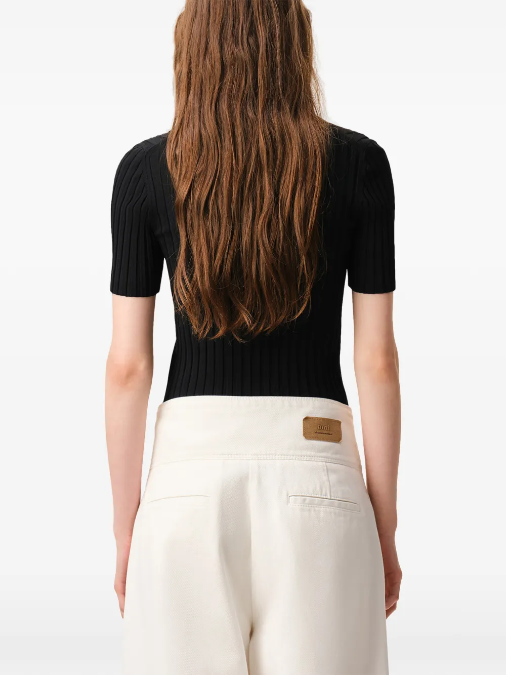 AMI Paris Geribbelde polotop met korte mouwen Zwart