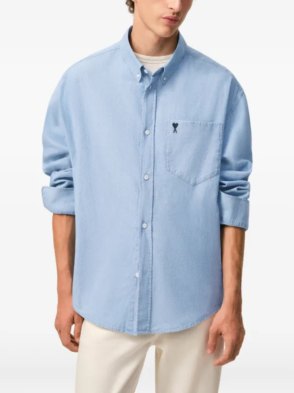 AMI Paris Cotton Boxy Embroidered Ami De Coeur Shirt | Blue | FARFETCH