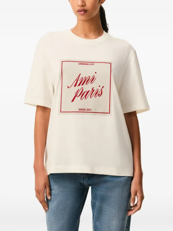 ami paris ホワイト Tシャツ ハート刺繍 AMI Paris Heritage Print Heart T-shirt | Neutrals | FARFETCH IN