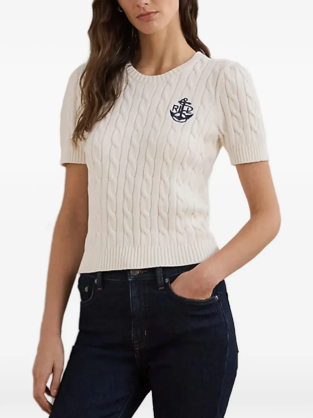 Lauren Ralph Lauren cable-knit embroidered-logo T-shirt - Bianco