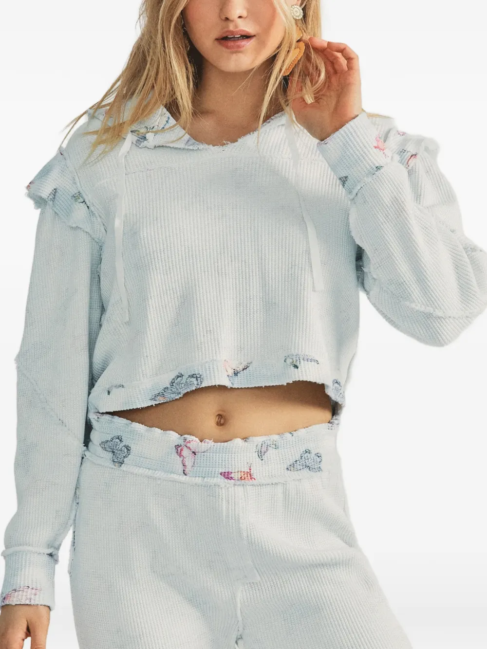 LoveShackFancy ruffled-detail butterfly-print hoodie - Blue