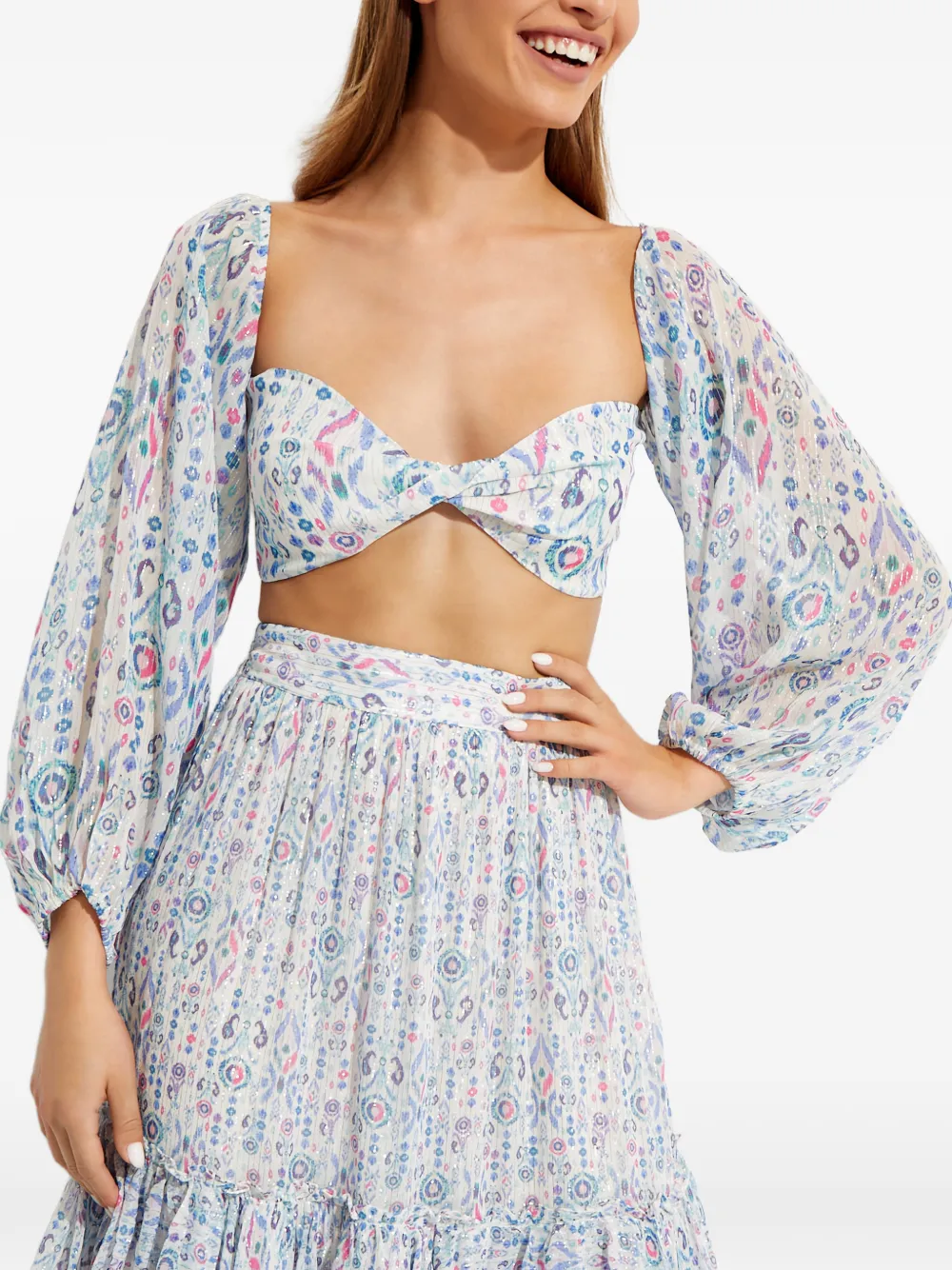 Rococo Sand puff-sleeve printed top - Bianco