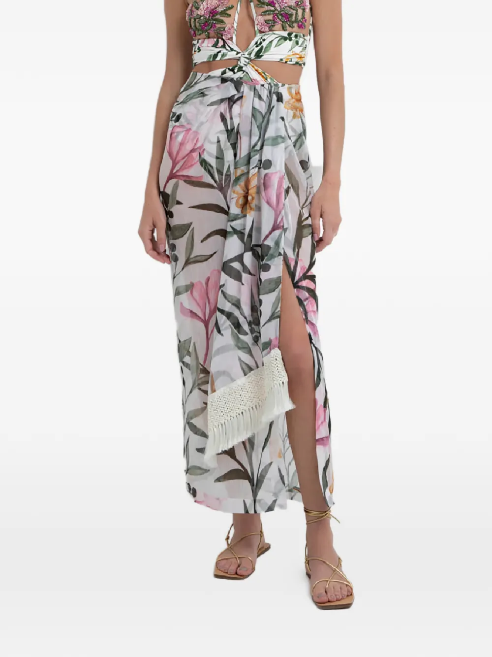 PatBO floral fringed maxi skirt - Weiß