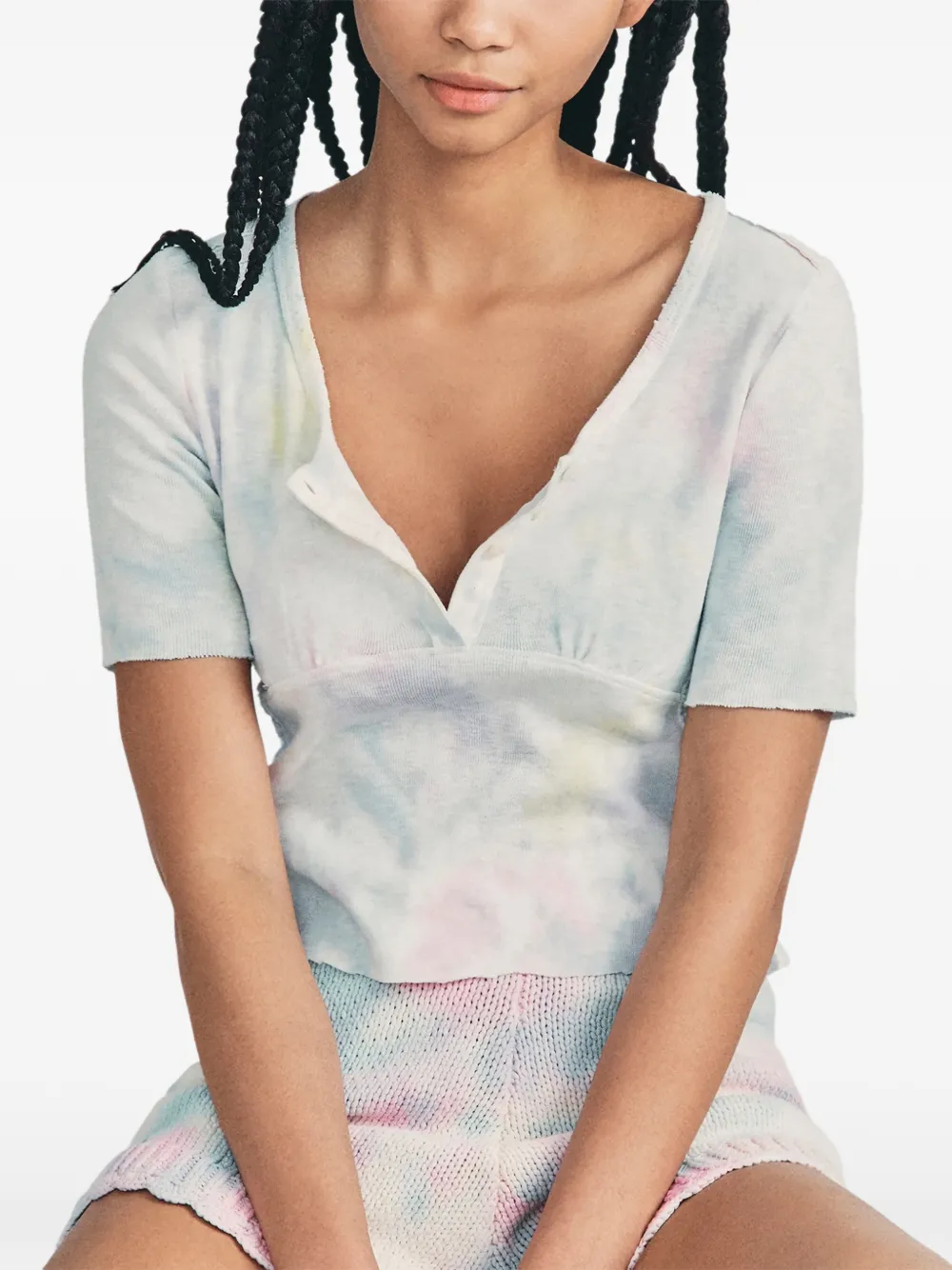 LoveShackFancy tie dye-pattern button T-shirt - Bianco