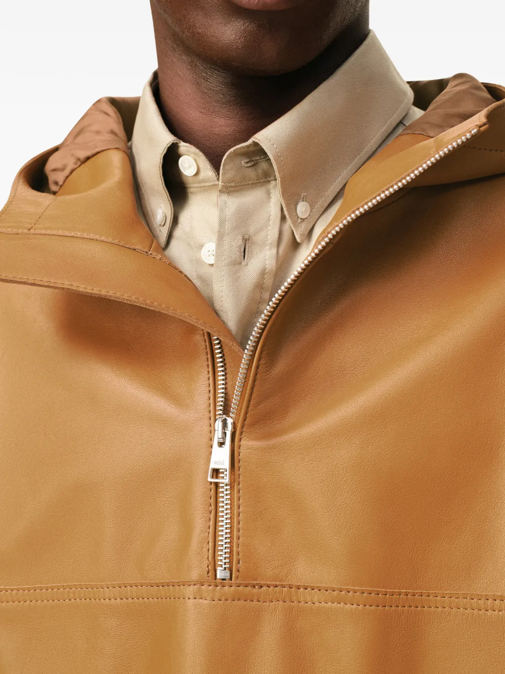 AMI Paris Leren jack met capuchon Bruin