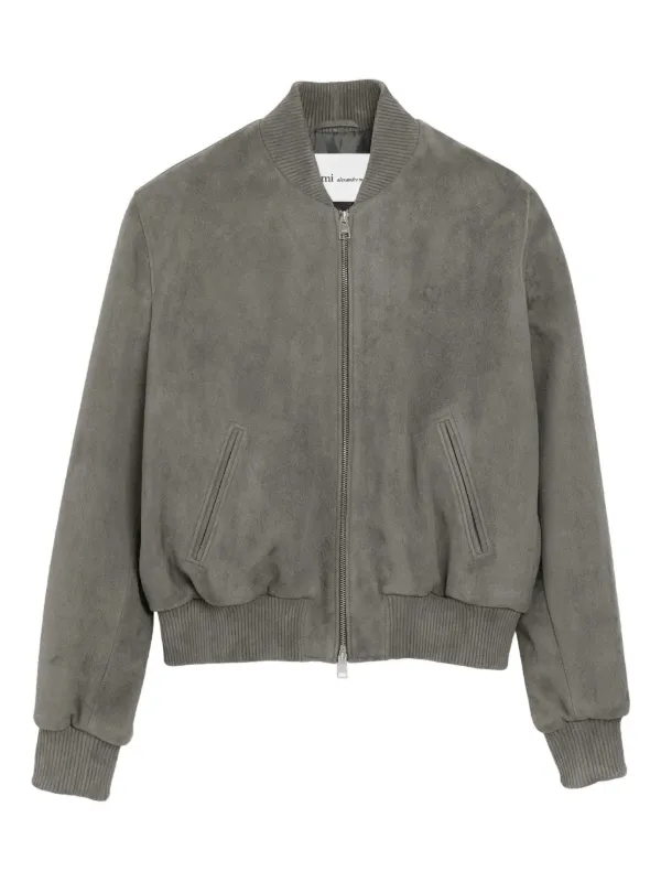 Ami Paris Goat Leather Ami De Coeur Zipped Jacket in Grey