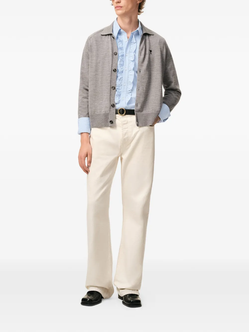 AMI Paris ruffled-detail striped shirt - Blauw