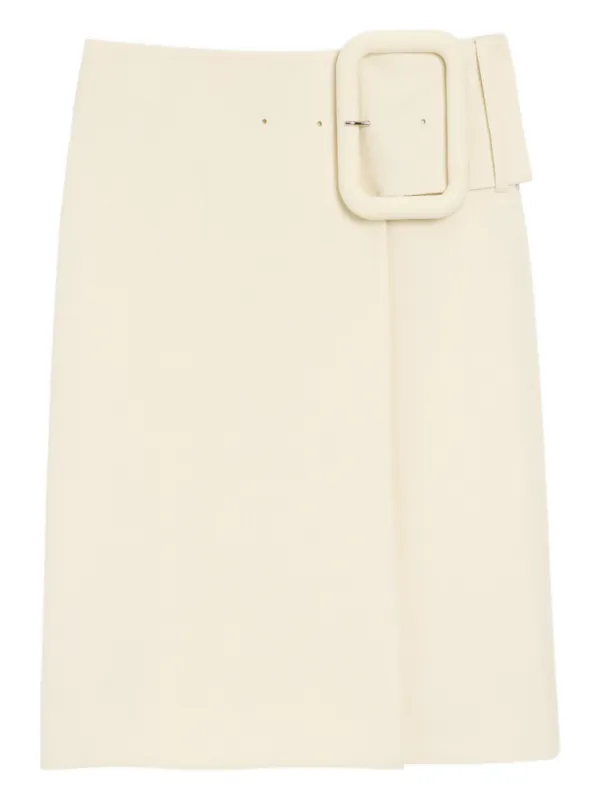 Ami Paris White New-wool Big-buckle Belted Midi Skirt in Neutrals