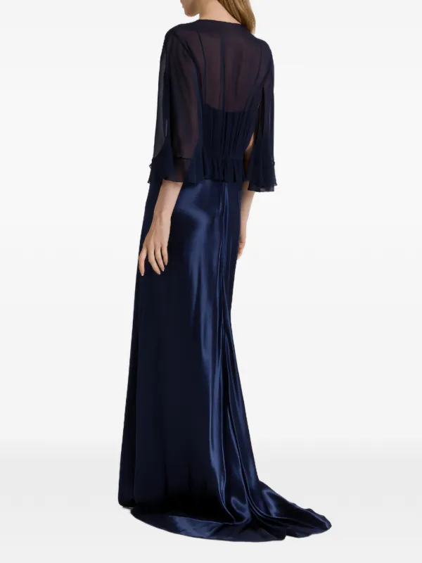 alberta ferretti blue dress Alberta Ferretti Sheer Silk Lapis Blue Ruffle Draped Maxi Dress  Basha Gold