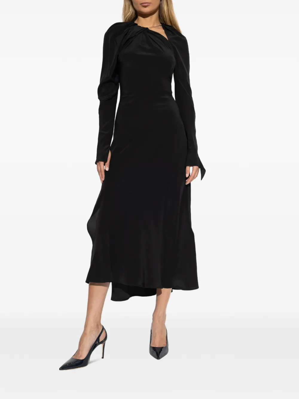 Victoria Beckham Gedraaide midi-jurk met lange mouwen en V-hals Zwart