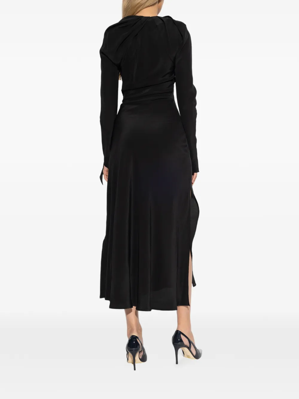 Victoria Beckham Gedraaide midi-jurk met lange mouwen en V-hals Zwart