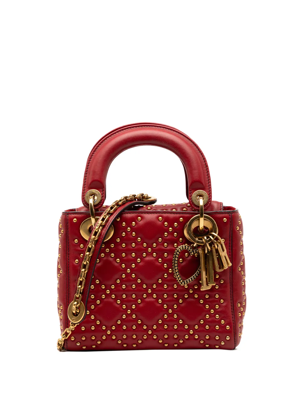 Christian Dior Pre-Owned 2017 Mini Lambskin Cannage Studded Supple Lady Dior satchel - Red