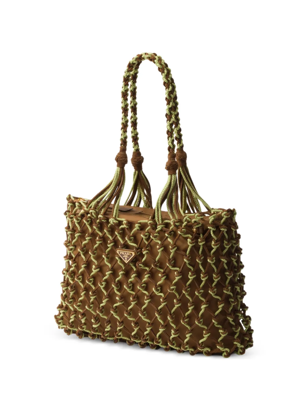 Prada Macramé grote shopper met logoplakkaat Bruin