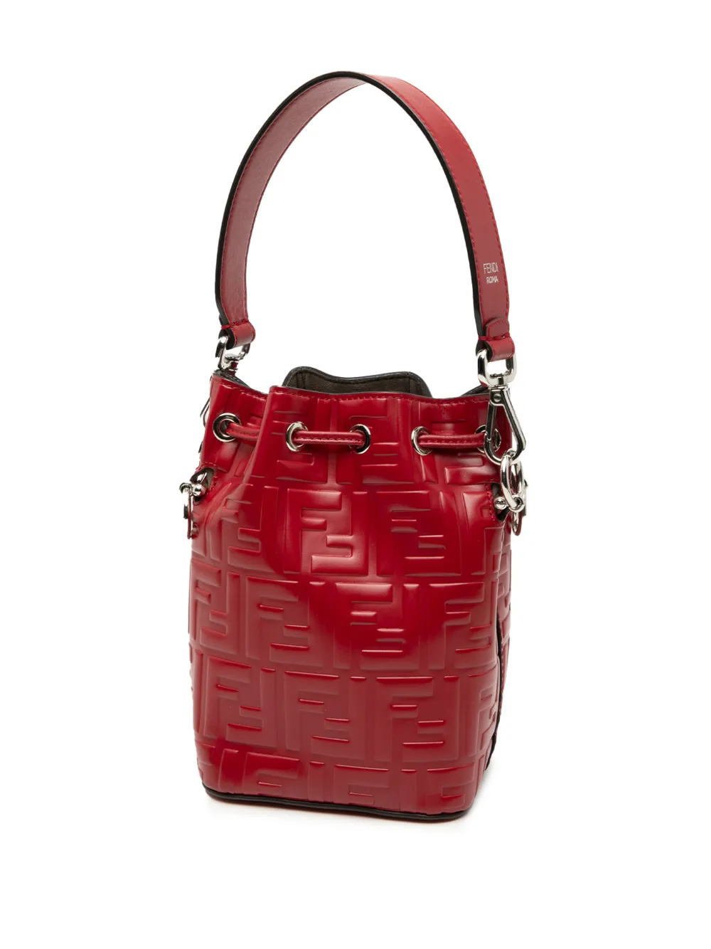 Pre-owned Fendi 2018 Mini Zucca Embossed Leather Mon Tresor Bucket Bag Satchel In Red