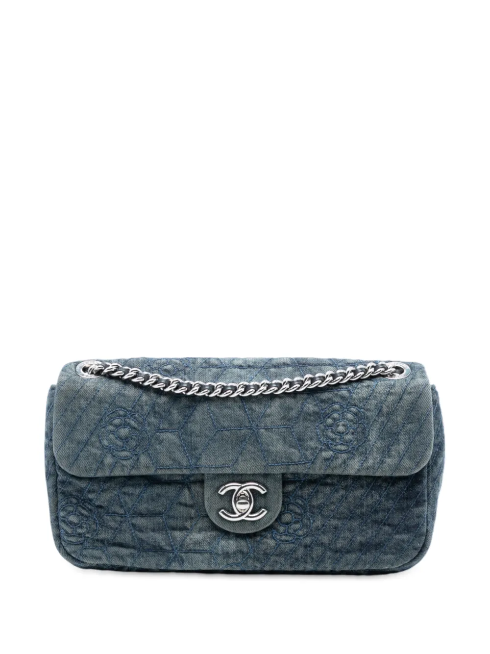 CHANEL Pre-Owned 2012 Medium Embroidered Denim Camellia Flap shoulder bag - Blu