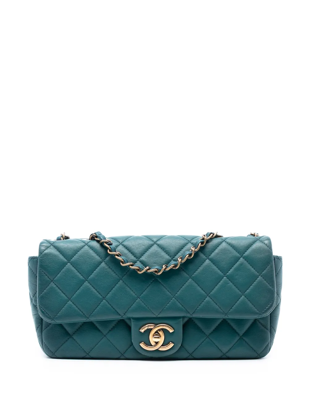 Pre-owned Chanel 2014 Cc Quilted Lambskin East West Single Flap Shoulder Bag In Blue