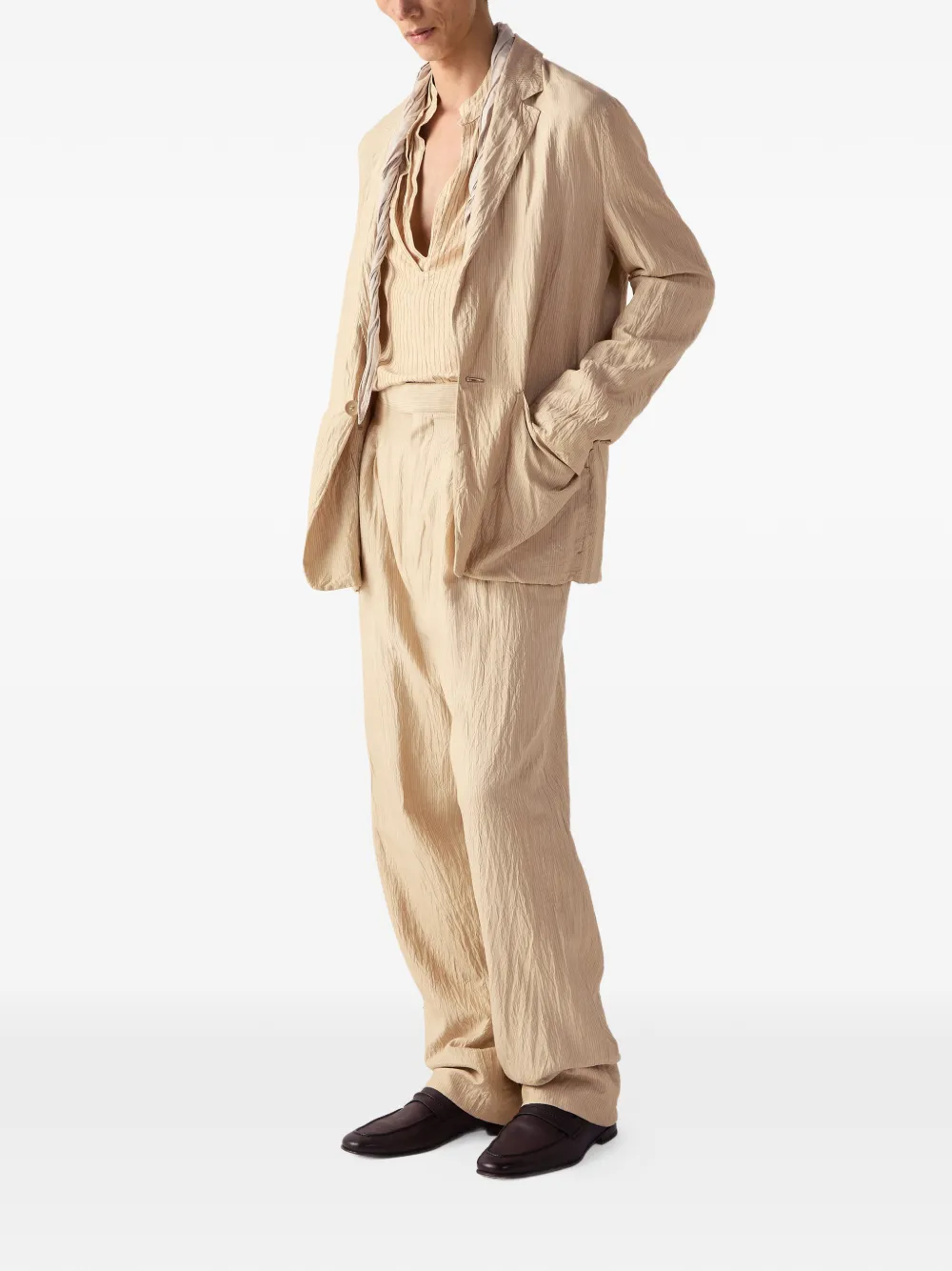 Zegna Gestreept zijden overhemd met V-hals Beige