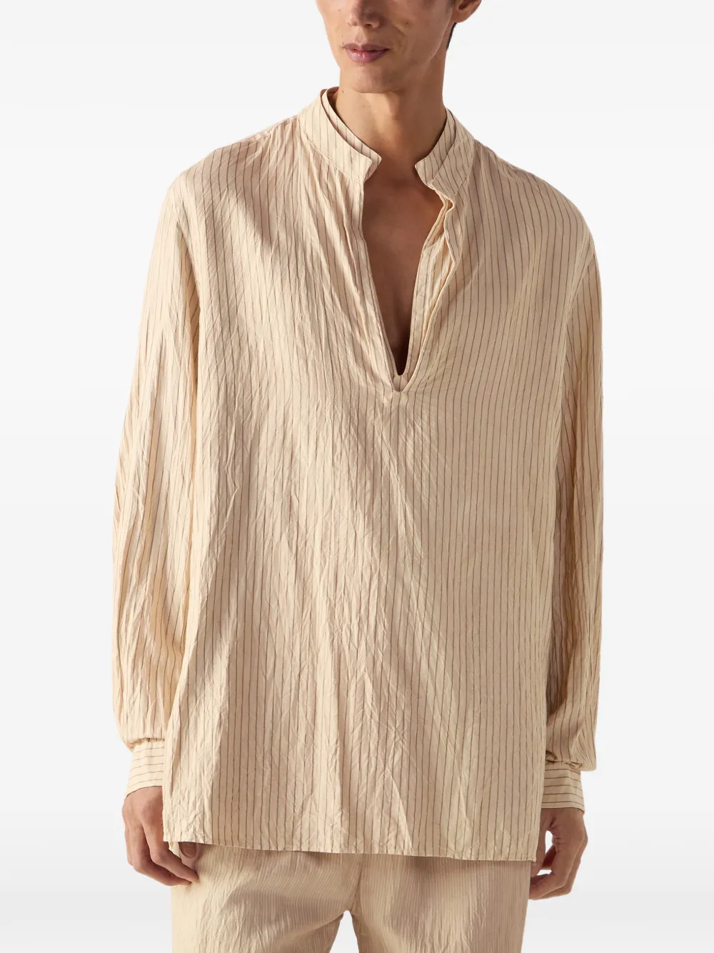 Zegna Gestreept zijden overhemd met V-hals Beige