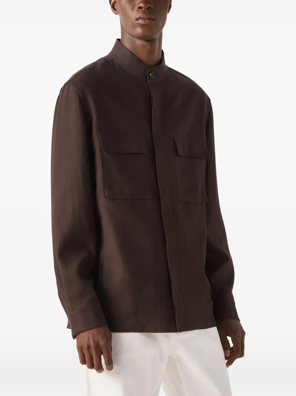 Zegna Oasi Lino overhemd met ronde hoge kraag Bruin