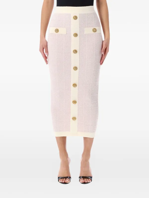 Balmain Button-detail Midi Skirt in Pink