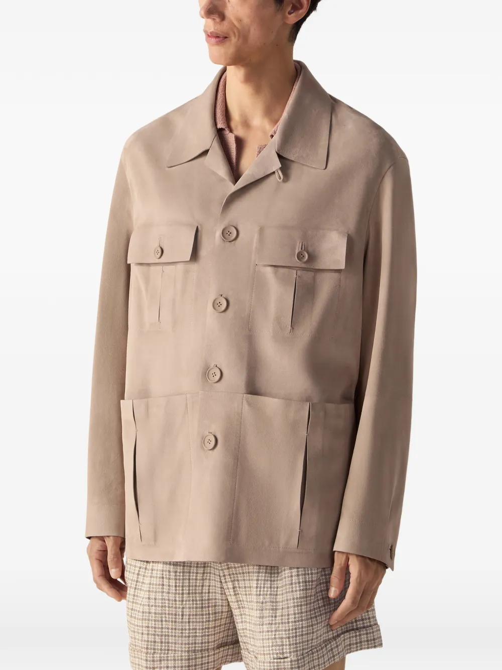 Zegna Sahariana leren jack met zakken Beige