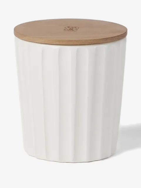 Brunello Cucinelli scented candle in ridged ceramic vessel with walnut wood lid