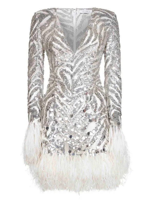 Alina Sequin And Feather Embroidered Dress - White