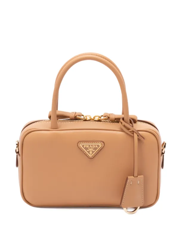 Prada Triangle Logo Bauletto Tote Bag in Neutrals