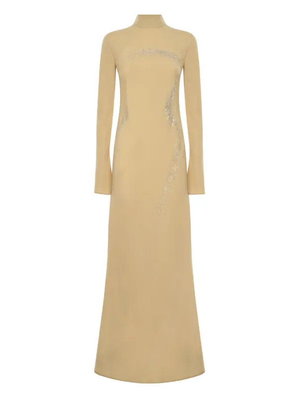 high neck embellished maxi dress Starred | Black High-Neck Maxi Dress With Satin Wrap-Skirt And Embellished Cuffs