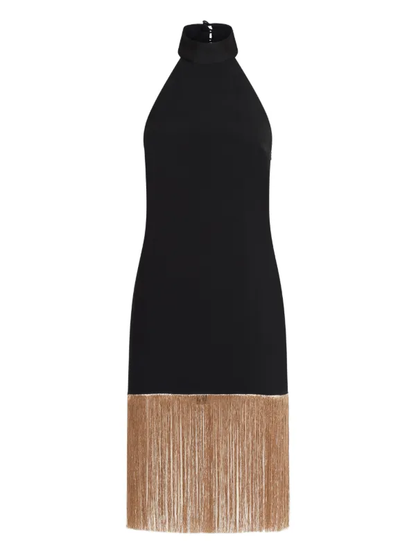 Taller Marmo Berlin Halterneck Fringed Mini Dress in Black