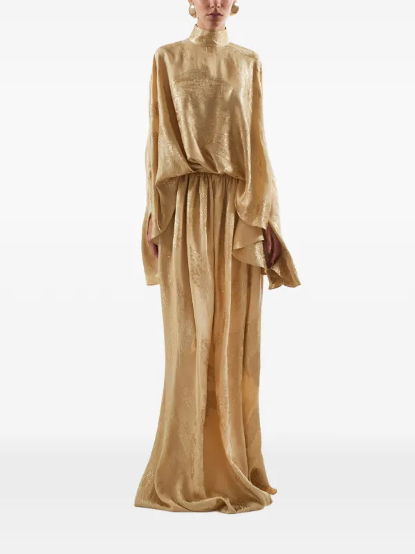 golden globe blue dress Sheer Embellished Long Sleeve Evening Gown in Almond - 4
