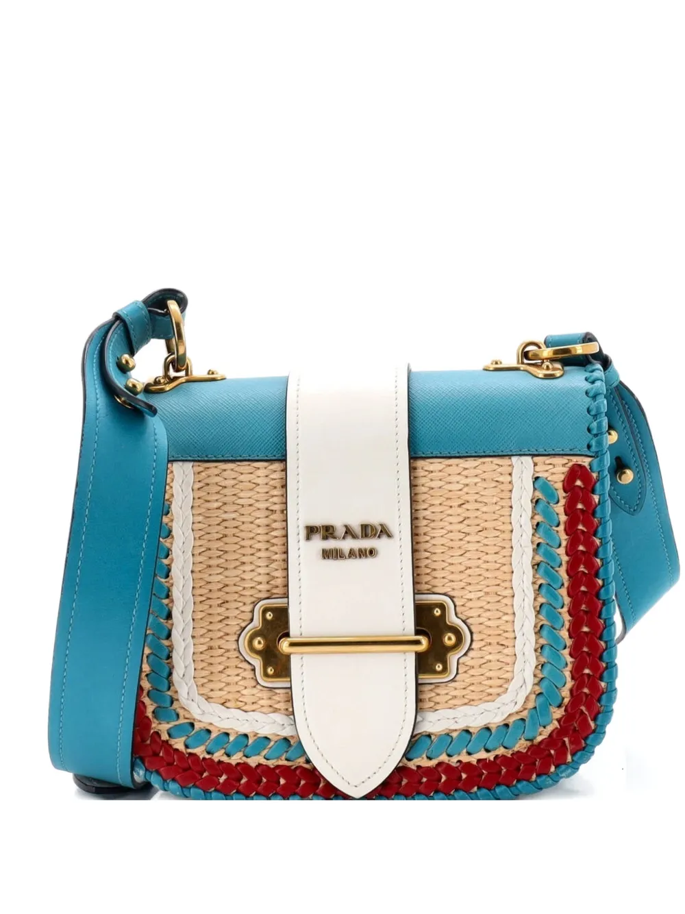 Prada Pre-Owned Prada Cahier Rounded Leather and Straw Small crossbody bag - Blu