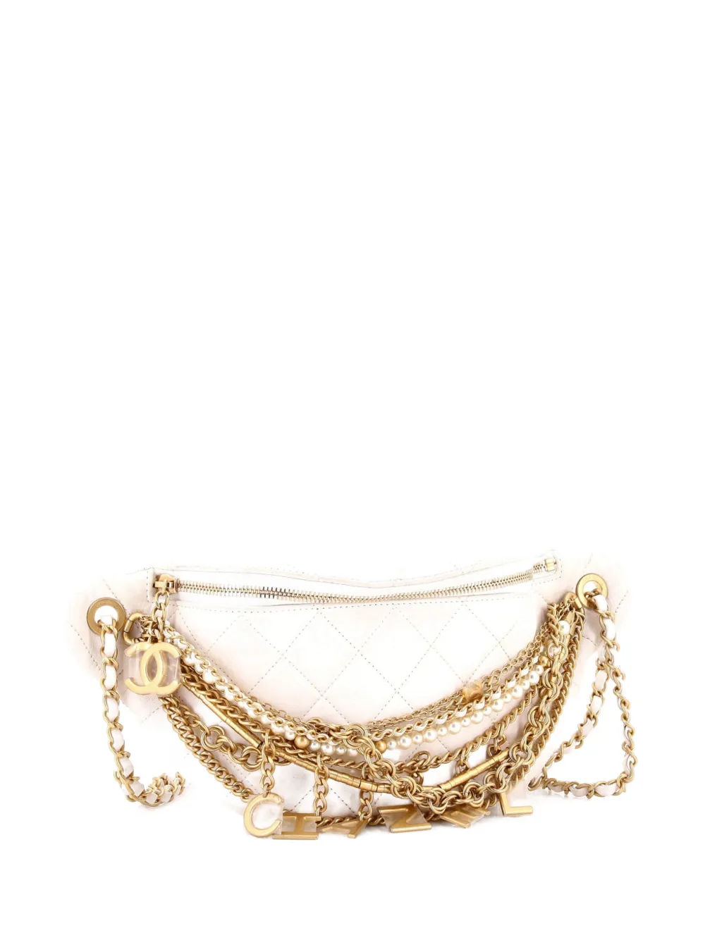 Pre-owned Chanel All About Chains Waist Bag Quilted Lambskin Belt Bag In White