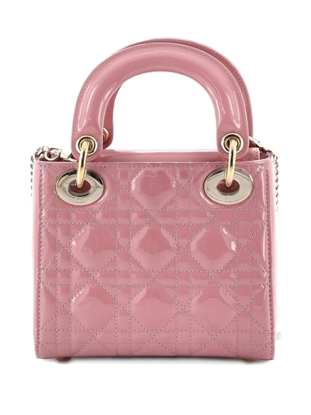 Pre-owned Dior Lady  Chain Bag Cannage Quilt Patent Mini Satchel In Pink