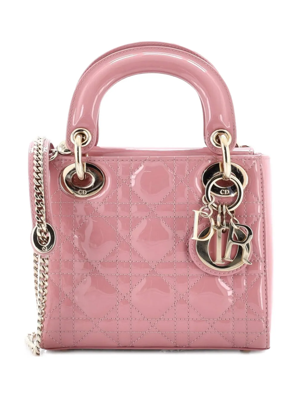 Pre-owned Dior Lady  Chain Bag Cannage Quilt Patent Mini Satchel In Pink